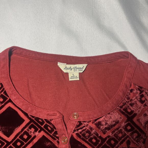 Lucky Brand Henley Blouse Womens Red Roll Tab Sleeve Size L Velvet Front Peasant - Picture 2 of 9